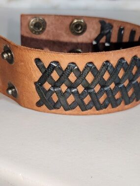 Tan and Black Woven Leather Bracelet for Women